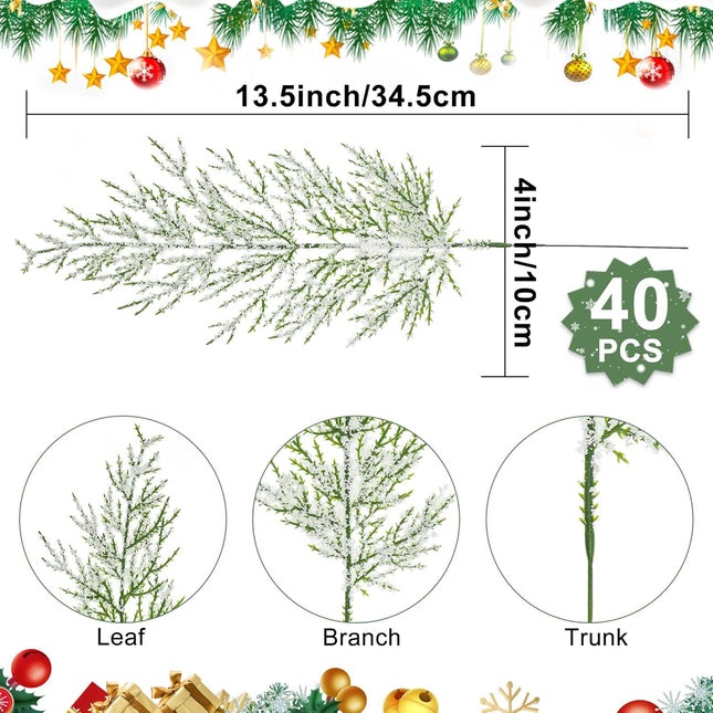 40 Pcs Christmas Snowy Artificial Pine Needles Branches 13.5 Inch Snow Frosted Pine Picks Twigs Christmas Greenery Cedar Sprigs Pine Picks Stems for Christmas Wreath Garland Crafts Home Decor