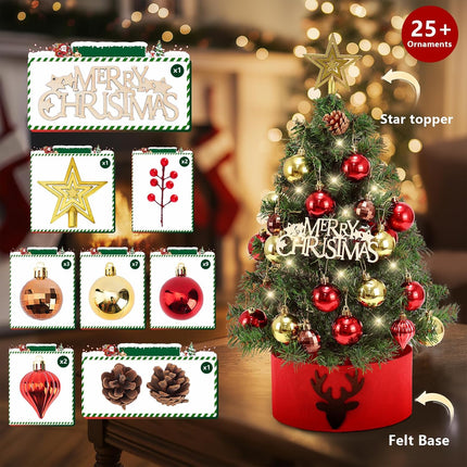 Tabletop Christmas Tree 24 in/60cm Mini Artificial Christmas Tree with LED String Lights,Star Treetop,Ornaments Balls,Pine Cones and DIY Decorations for Holiday décor,Tabletop Small Xmas Tree Green