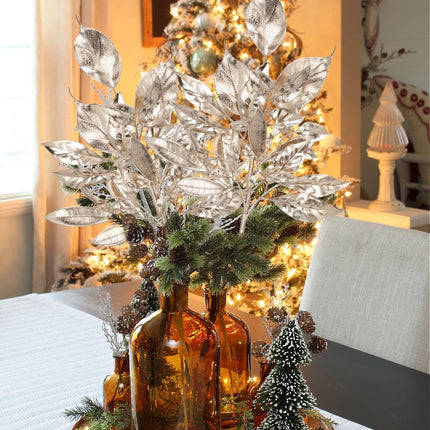 5 Pcs Fake Leaves Plants for Christmas Decor 20 Inch Metallic Gold Artificial Magnolia and Bay Leaves Faux Tropical Leaves with Stems for Holiday Decor Christmas Mantle Garland Wreath - Champagne