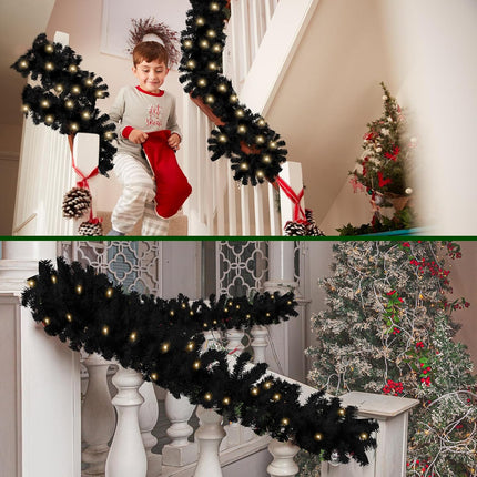 Hotop 9 ft Faux Spruce Artificial Christmas Garland LED Garland Warm Pine Prelit Battery Operated Lighted Garland for Seasonal Indoor Home Fireplace Mantle Tree Stair Decor (2 Pcs,Black)