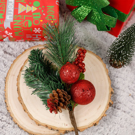 DR.DUDU Christmas 6 Pack 12'' Elegant Faux Picks Evergreen Sprigs + Gold & Silver Globe Ornaments + Pine Cone + Green Poinsettia Leaf + Mini Gold Balls (Red)