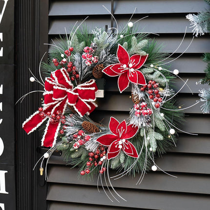 Christmas Wreath for Front Door, Large Winter Wreaths with Lights, Berries, Christmas Poinsettia and Velvet Bow, for Wall Windows Mantle Outdoor Christmas Decoration