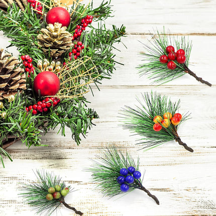 DULRLLY 24 Pcs Artificial Pine Picks, Winter Berries Holly Spray Wire Stems, Mini Stimulation Red Berries Branches for Xmas Flower Arrangements Wreaths and Holiday Decorations… (Blue)