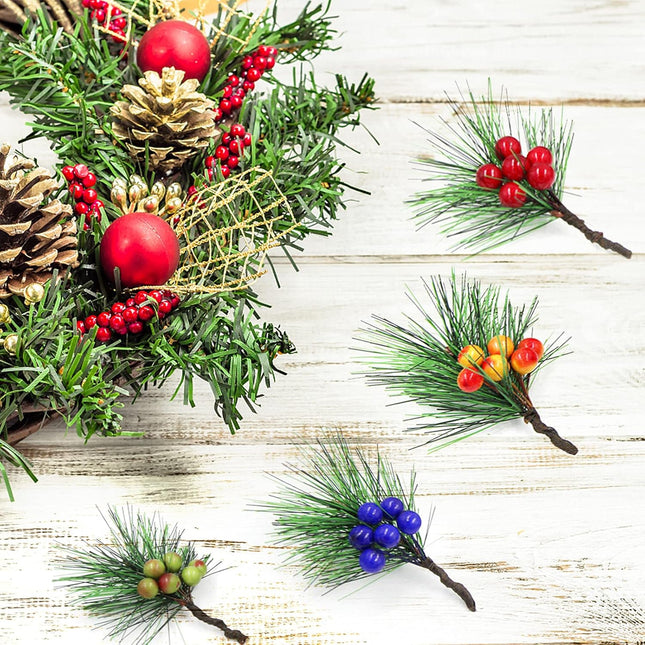 DULRLLY 24 Pcs Artificial Pine Picks, Winter Berries Holly Spray Wire Stems, Mini Stimulation Red Berries Branches for Xmas Flower Arrangements Wreaths and Holiday Decorations… (Blue)