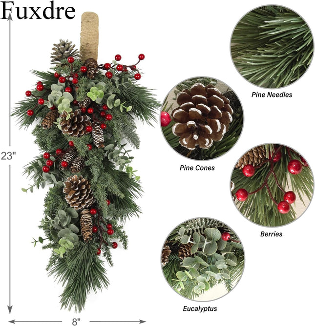 23 Inch Christmas Swag for Front Door, Artificial Christmas Teardrop Decoration with Pine Needles and Berry, Christmas Stair Swags Hanging Holiday Decor for Indoor Outdoor Window Wall