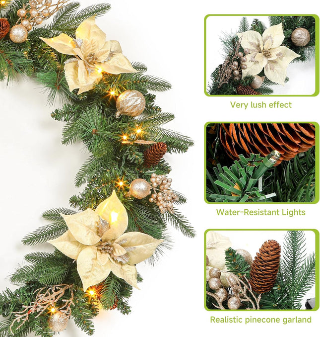 SHareconn 6FT Pre-Lit Christmas Garland Decoration with Multi-Color LED Lights, Battery-Operated Timer, Poinsettia for Mantle Fireplace Stairs Indoor Outdoor Xmas Decoration, Champagne Gold