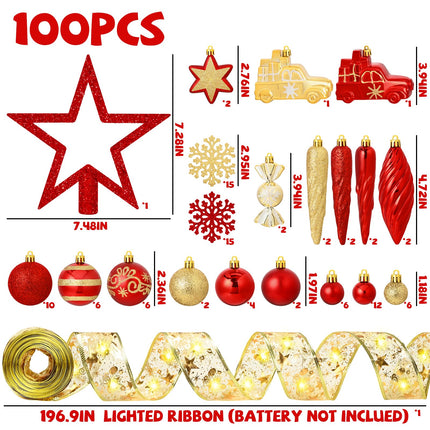 100 Pcs Christmas Tree Ornaments Set, Red Gold Christmas Ball Ornaments Shatterproof Christmas Tree Decorations with Ribbon Star Toppers Hanging Holiday Home Party Decor