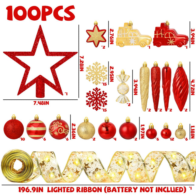 100 Pcs Christmas Tree Ornaments Set, Red Gold Christmas Ball Ornaments Shatterproof Christmas Tree Decorations with Ribbon Star Toppers Hanging Holiday Home Party Decor