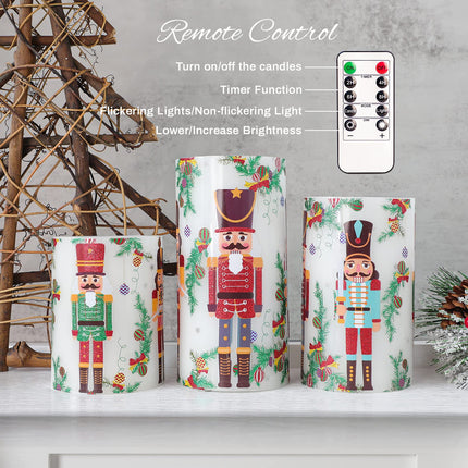 Christmas Flameless Candles Battery Operated, Holiday Nutcracker LED Candles with Remote, Realistic Pillar Candles for Xmas Tree, Mantel, Home Decor, Set of 3