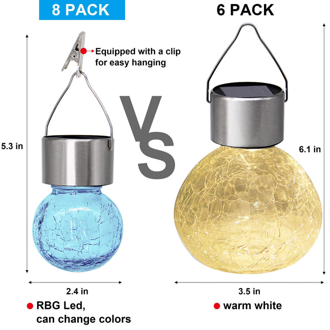 MAG 8 Pack Solar Hanging Ball Lights with Umbrella Clips, Outdoor Light up Christmas Ornaments Tree Decorations Solar Lantern Multi-Color Changing Cracked Glass Lights for Holiday Yard Patio