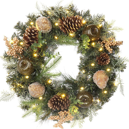 Christmas Wreath 20" Christmas Front Door Wreath Ornament with LED Lights Pinecone Berries Artificial Pine Garland for Party Table Fireplaces Porch Walls Years Halloween Home Decor