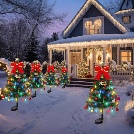 Alynsehom 4 Pack Solar Christmas Tree，33.5in Outdoor Waterproof Solar Xmas Trees with 80 LED Lights 2 Flashing Modes Holiday Decor for Porch Yard Garden Patio Cemetery Pathway