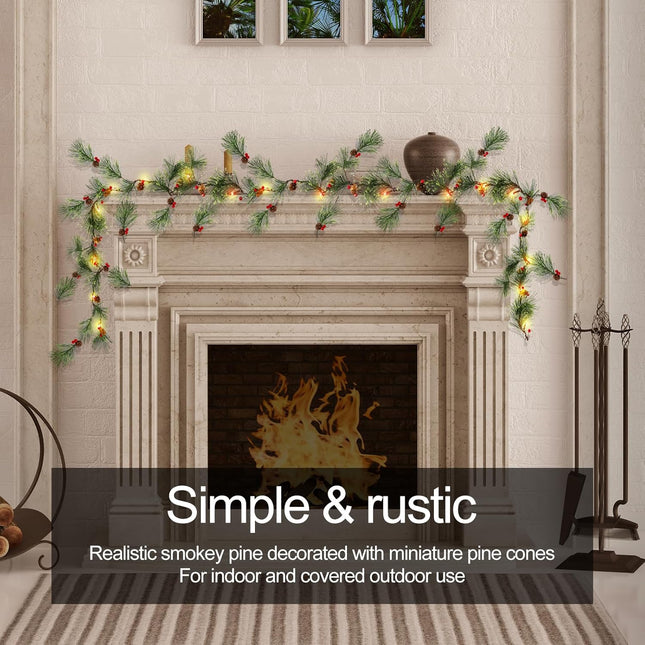 Christmas Smokey Pine Garland,7ft Natural Rustic Christmas Garland with Multicolor Lights and Remote Control, Ideal for Decorating Rooms, Fireplaces, Chandeliers, and Stairs...
