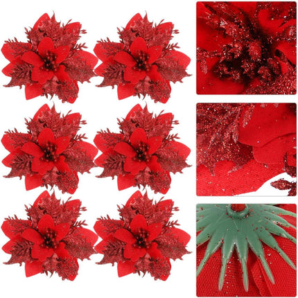 TOYANDONA 24 Pieces Christmas Glitter Poinsettia Flowers Christmas Tree Ornaments Artificial Flowers for Christmas Wreath Decoraiton (Red)
