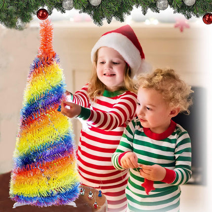 Mini 2FT Desktop Pop Up Christmas Tree - Collapsible Artificial Tinsel Pencil Christmas Tree, Skinny Xmas Tree for Indoor Home Apartment Porch Holiday Party Decorations(Rainbow)