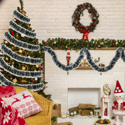 50 Feet Garland Christmas Decorations, Green Snowy Christmas Garland, Artificial Thick Christmas Garland for Xmas Party Hanging Ceiling Stairs Decor Indoor Outdoor
