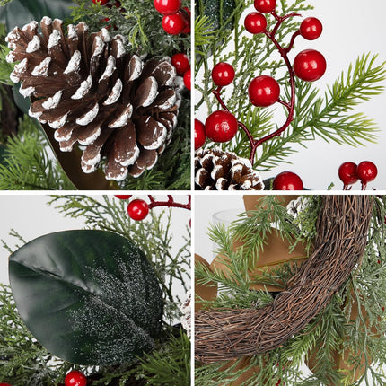 Christmas Wreath 20 Inch Outdoor Lighted Christmas Wreath with Red Berries and Flocked Pine Cones LED Xmas Wreath for Front Door Winter Holiday Christmas Party Decorations