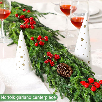 60" Norfolk Pine Garland Faux Red Berries and Pine Cones Garland Pre Lit Artificial Norfolk Pine Garland with Warm White LED Lights for Xmas Holiday Wedding Party Outdoor Decorations