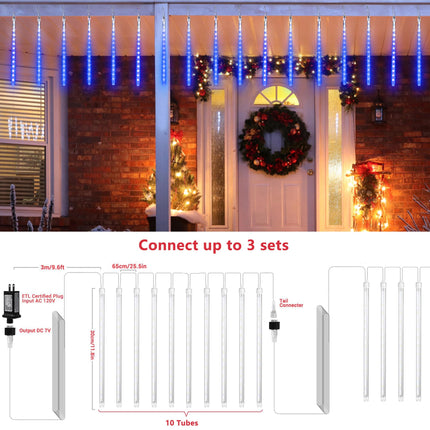 Joomer Christmas Lights Outdoor, 11.8 inch 10 Tubes 240 LED Meteor Shower Lights, LED Snow Falling Icicle Cascading Lights with Timer Waterproof and Connectable for Christmas Decoration (Blue)