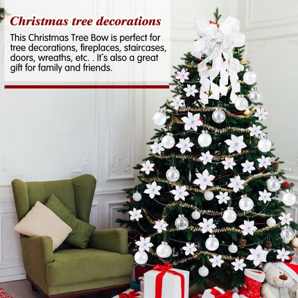 49 Pcs Christmas Tree Decoration Set Include Christmas Tree Topper, 24 Pcs Glitter Christmas Flowers 3 Sizes, 24 Pcs 2.36 Inch Christmas Ball Ornaments for Tree Holiday Party Decorations (White)
