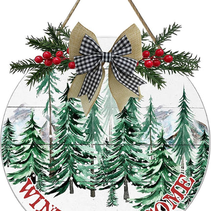 VELLOW Winter Front Door Welcome Sign, Merry Christmas Wooden Welcome Door Sign, Christmas Winter Pine Tree Welcome Wreath 12x12 inches