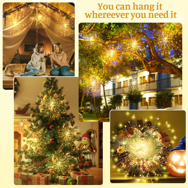 2 PCS Solar Lights Outdoor Solar Firework Lights, 240 LED Solar Powered Hanging Lights Outdoor Waterproof Hanging Fairy Garden Lights Landscape Lights Christmas Decorations (Warm White)