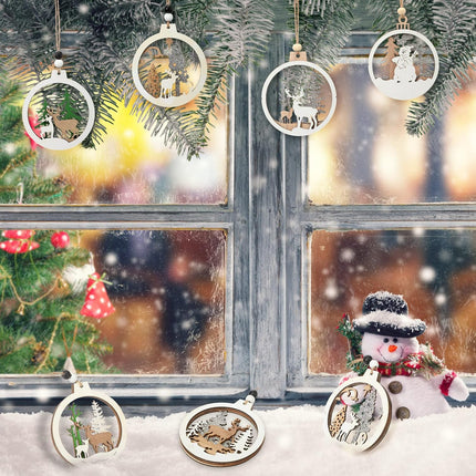 Coume 24 Pcs Christmas Wooden Ornaments Christmas Tree Ornaments Hollow Winter Ornaments Wood Craved Hanging Craft Decorations Farmhouse Rustic 3D Glitter Reindeer Santa Snowman, 12 Designs