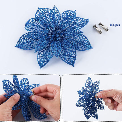ilauke 24Pcs Poinsettias Artificial Christmas Flowers, 6" Glitter Artificial Christmas Flowers with 30 Sliver Clips, for Xmas Tree Ornaments Wedding Party Wreath Decor (Blue)