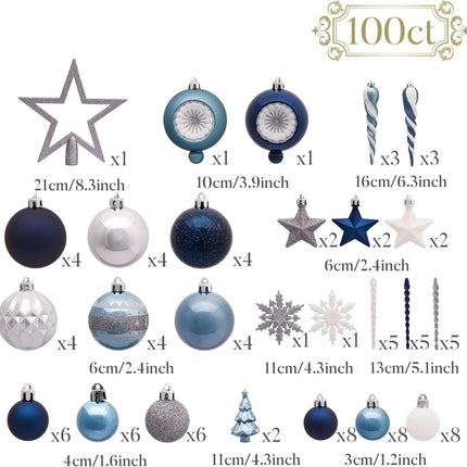 Valery Madelyn Christmas Ornaments Set, 100ct Navy Blue and Silver Shatterproof Christmas Tree Decorations Ball Ornaments Bulk, Winter Wonderland Hanging Ornaments for Xmas Trees Holiday Decor