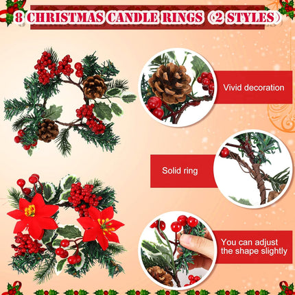 Set of 8 Christmas Candle Rings Christmas Wreaths Berry Pinecone Red Poinsettia Candle Wreaths Rings Mini Christmas Candleholders Xmas Wreath Candle Holder for Christmas Centerpiece(Stylish)