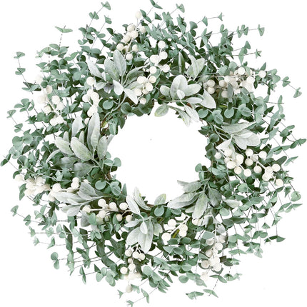 Sggvecsy Artificial Greenery Leaves Wreath for Front Door 22 Inch Greenery Boxwood Wreath Flocked Lambs Ear Wreath with White Berries Spring Summer Wreath for Farmhouse Wall Home Indoor Outdoor Decor