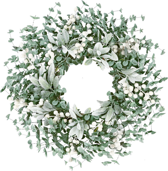 Sggvecsy Artificial Greenery Leaves Wreath for Front Door 22 Inch Greenery Boxwood Wreath Flocked Lambs Ear Wreath with White Berries Spring Summer Wreath for Farmhouse Wall Home Indoor Outdoor Decor
