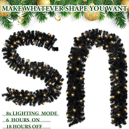 Hotop 9 ft Faux Spruce Artificial Christmas Garland LED Garland Warm Pine Prelit Battery Operated Lighted Garland for Seasonal Indoor Home Fireplace Mantle Tree Stair Decor (2 Pcs,Black)