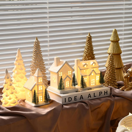 Ceramic White Christmas Village Houses, 3Pcs Light Up Small Porcelain Village House with 6Pcs Christmas Trees, LED Lighted Tabletop House Figurines for Home Decor, Winter Holiday DIY,
