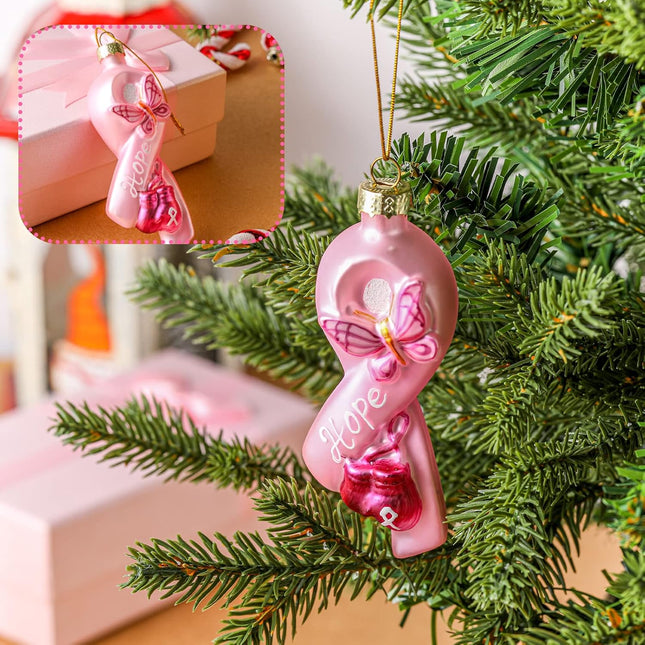 Jetec 4 Pieces Christmas Glass Ornament Breast Cancer Awareness Pink Ribbon Blown Ornament Decoration Hanging Breast Cancer Ornaments for Christmas Tree Pink Hope Ribbon Ornament with Butterfly Gloves