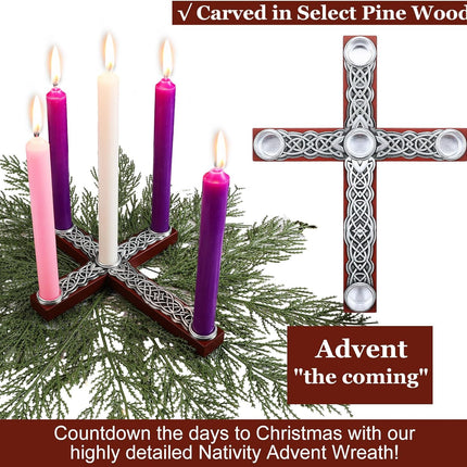 Christmas Advent Candle Holder Rustic Wood Cross Advent Wreath Jesus Nativity Candle Holder with Metal Celtic Knot Religious for Home Church Advent Christmas Holy Tabletop Centerpiece Decor