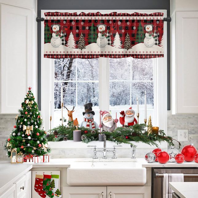 Christmas Snowman Curtain Valances for Windows Living Room, Winter Snowflake Xmas Tree Curtain Toppers and Valances for Bedroom, Bird Red Black Plaid Rod Pocket Kitchen Curtains Valances 54"x18"