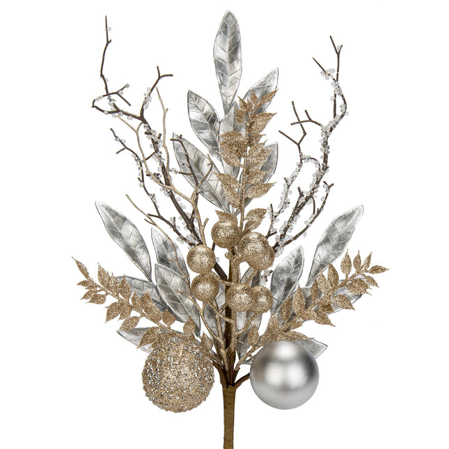 3 Pcs Christmas Glitter Leaves Fern Stems with Ball Ornament, Bay Leaves, 15 Inch Artificial Christmas Picks Floral Branches for Christmas Tree, Xmas Wreath, Centerpieces, Home Decor - Champagne