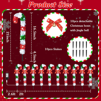 Meonum 10 Pack Christmas Candy Cane Outdoor Pathway Lights with 8 Mode and Timer, 20 LEDs 16.5in Candy Cane Stakes Lights with Bows, Candy Cane Outdoor Decorations for Walkway(Red, Green, White)