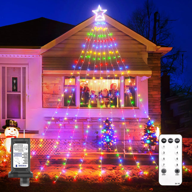 12.5ft Christmas Outdoor Decorations with Remote, 320 LED 9 Strands Waterfall Tree Lights for Yard, 8 Modes & Timing, Waterproof Christmas Lights, Indoor Outdoor Topper Star Lights for Yard Tree