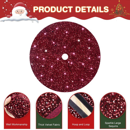 Burgundy Tree Skirt Christmas Decorations 21 Inch Sequined Tree Skirt Sparkly Soft Velvet Christmas Tree Skirt Maroon Tabletop Tree Skirts for 3ft Miniature Trees Family Xmas Tree Mat for Home Decor