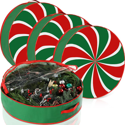 4 Pack Red Green Christmas Wreath Storage Bags Round Lollipop Christmas Tree Storage Container with Clear Window, Dual Zipper and Handles Xmas Artificial Wreath Box for Home(36 Inch)