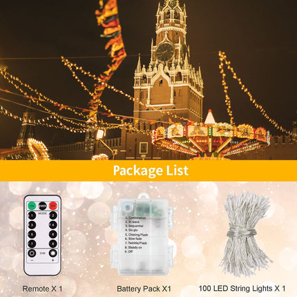 echosari Christmas String Lights Battery Powered, 33Ft 100 LED Fairy Lights Warm White Outdoor Fairy String Lights Lights with Remote Dimmable Timer 8 Modes for Wedding Party Garden Decoration