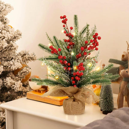 RECUTMS Tabletop Mini Christmas Tree Small Christmas Tree with Lights for Table Faux Miniature Xmas Trees with Red Berries Burlap Base Pine Branches Artificial Trees Indoor Home Decor s