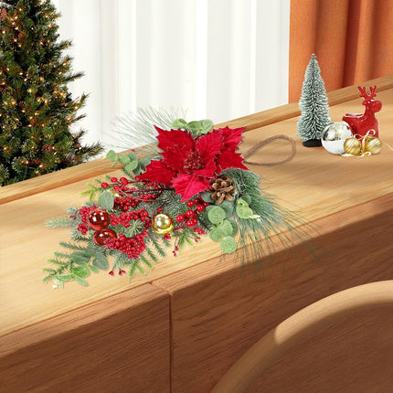 SHACOS 2Pcs Christmas Teardrop Swags with Red Poinsettia Berries, 20inch Artificial Norfolk Greenery Cedar Pine Needle Eucalyptus Xmas Balls Pine Cones Xmas Door Swag Wreath for Front Door Fireplace