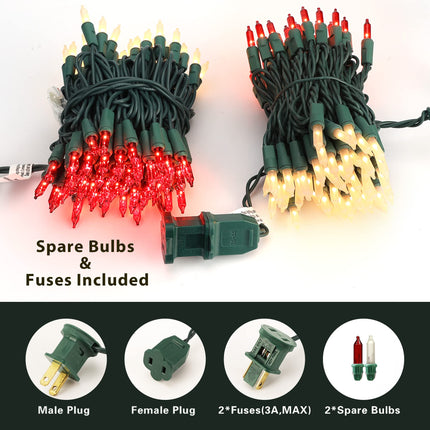 Red & White Christmas Lights, 21.63ft 100 Count Incandescent Green Wire Christmas String Lights, Connectable UL Christmas Tree Lights, Outdoor/Indoor Mini Lights for Wedding Party