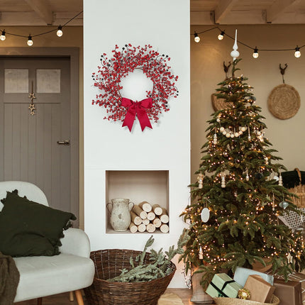 Sggvecsy 18 Inch Artificial Christmas Wreath Red Berry Wreath Handmade Winter Wreath with Bowknot Christmas Decoration for Front Door Home Indoor Outdoor Farmhouse Wall Window Xmas Holiday