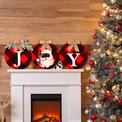 Christmas Black Santa Joy Wood Sign African American Christmas Decoration Red and Black Buffalo Check Plaid Xmas Hanging Ornaments for Xmas Year Winter Home Party Supplies