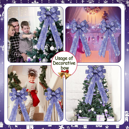 Serencatcher Large Christmas Wreath Bows 11 x 20 Inches, 2Pcs Blue Christmas Tree Topper Bow with Silver Snowflake for Christmas Home Garden Indoor Outdoor Decoration Wreath Ornament Supplies