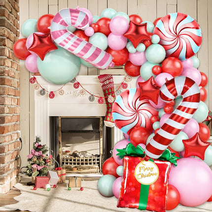 Green Pink Christmas Balloon Arch Kit, Green Pink Red Christmas Balloon Garland Arch Kit with Candy Cane Foil balloon for Christmas Party Decorations Year Xmas Party Supplies